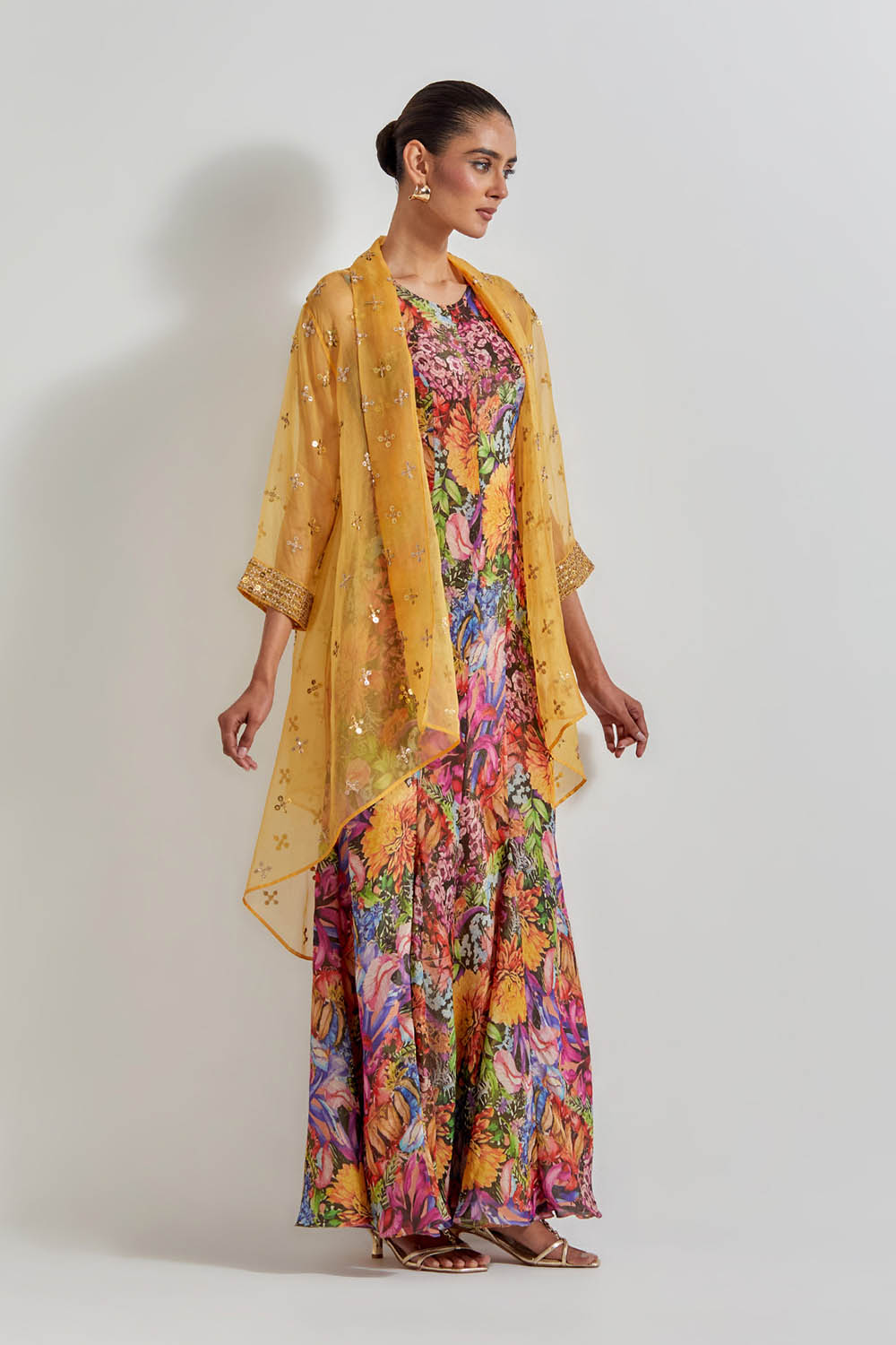 Multicolour Florika Printed Drape Dress Paired With Silk Organza Hand Embellished Cape Jacket