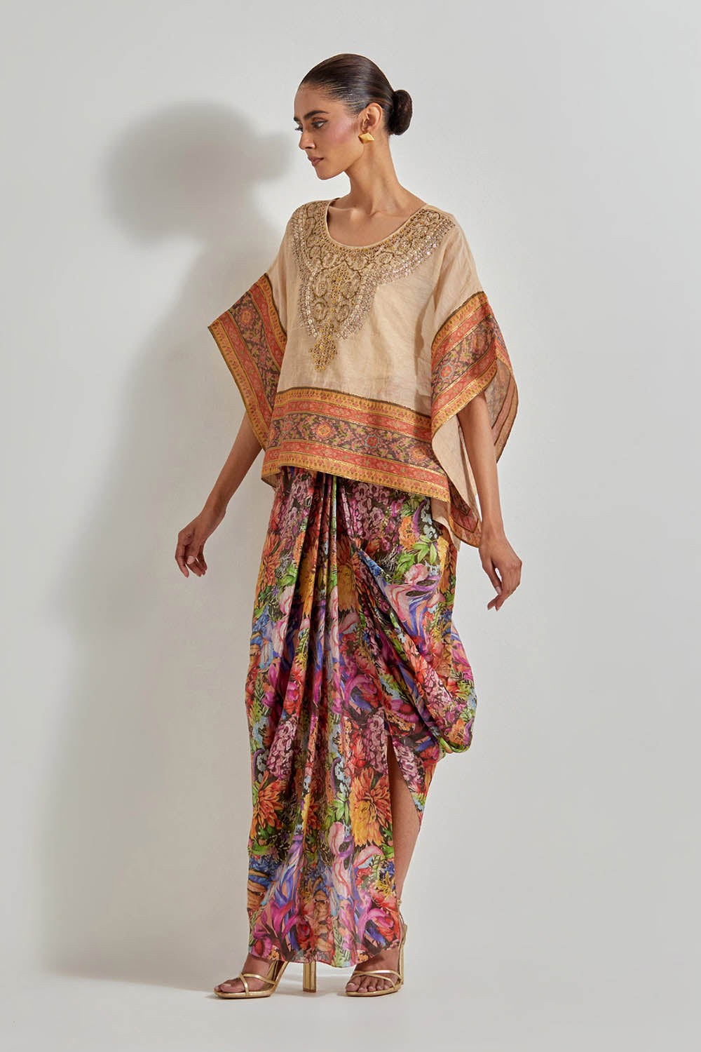 Multicolour Florika Printed Drape Skirt Paired Withm Tissue Chanderi Kaftan Top