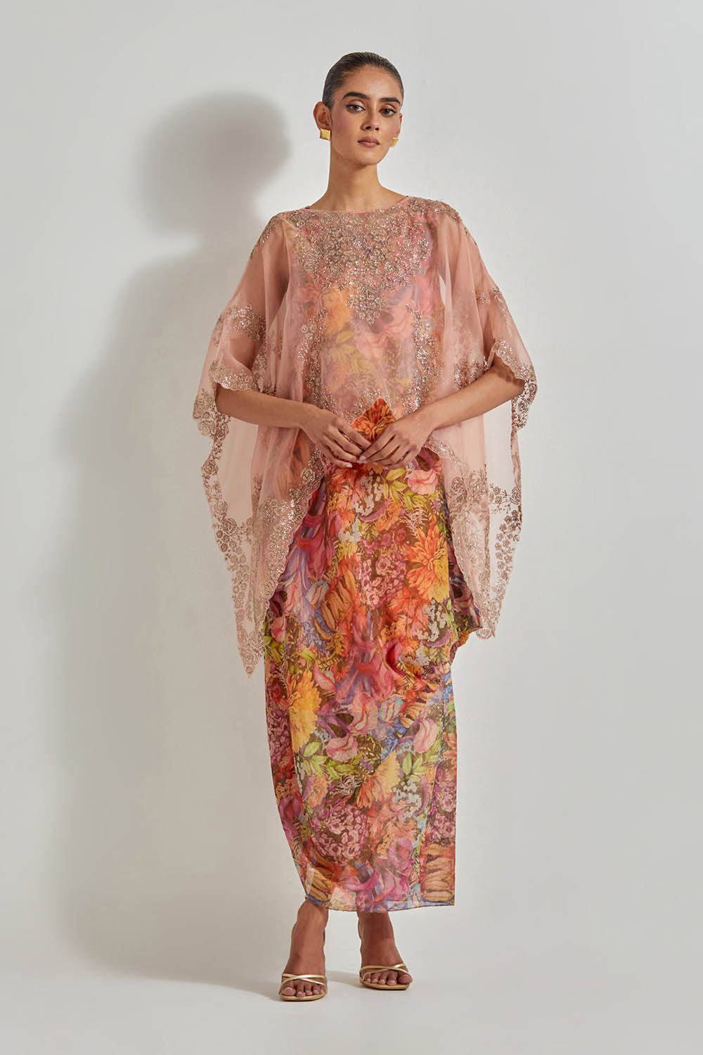 Multicolour Florika Printed Dress Paired With Hand Embellished Organza High Low Cape