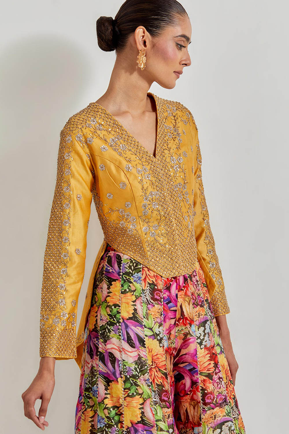 Multicolour Florika Printed Pants Paired With Chanderi Silk Hand Embellished Jacket