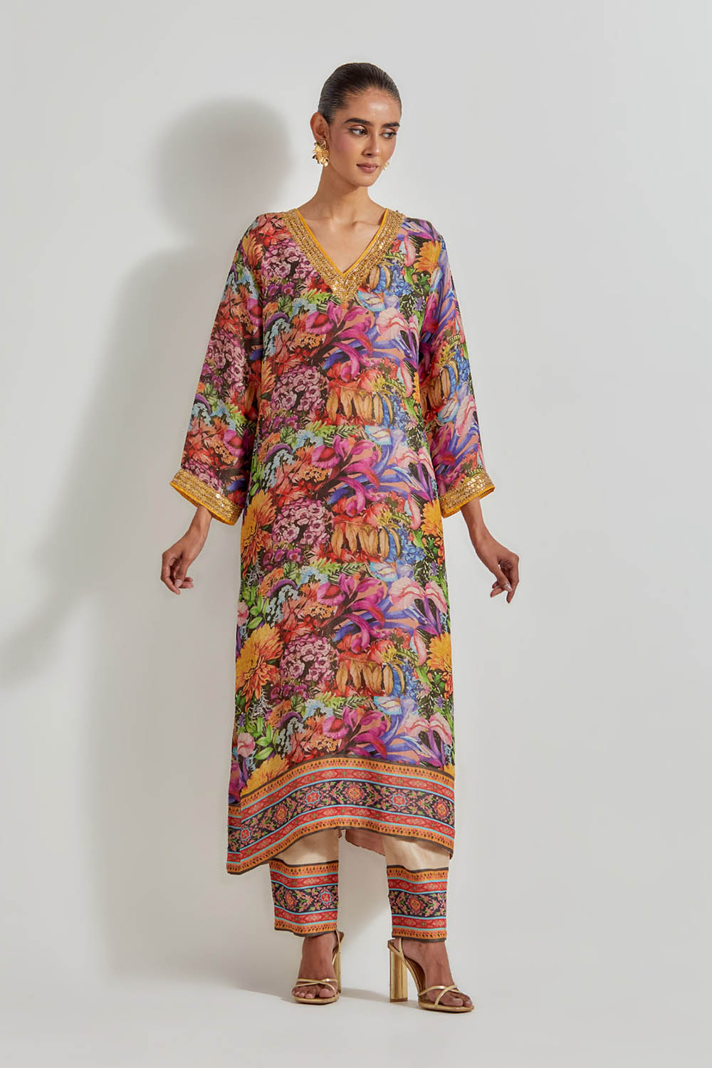 Multicolour Florika Printed Tissue Chanderi Kurta Set With Embellished Neckline Cuff
