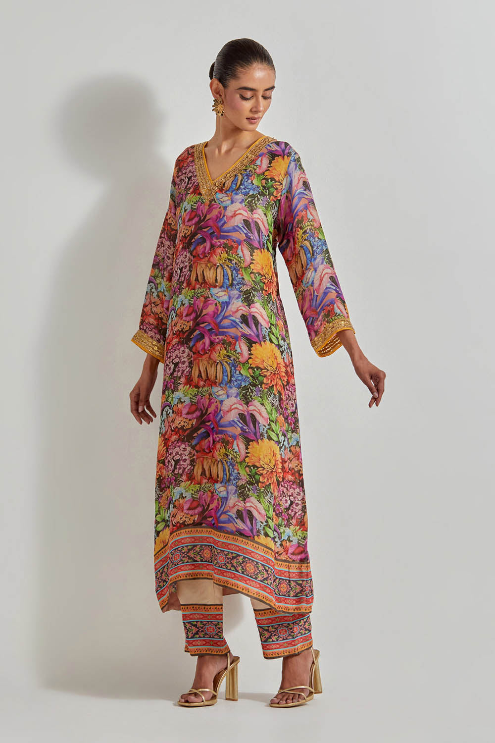 Multicolour Florika Printed Tissue Chanderi Kurta Set With Embellished Neckline Cuff