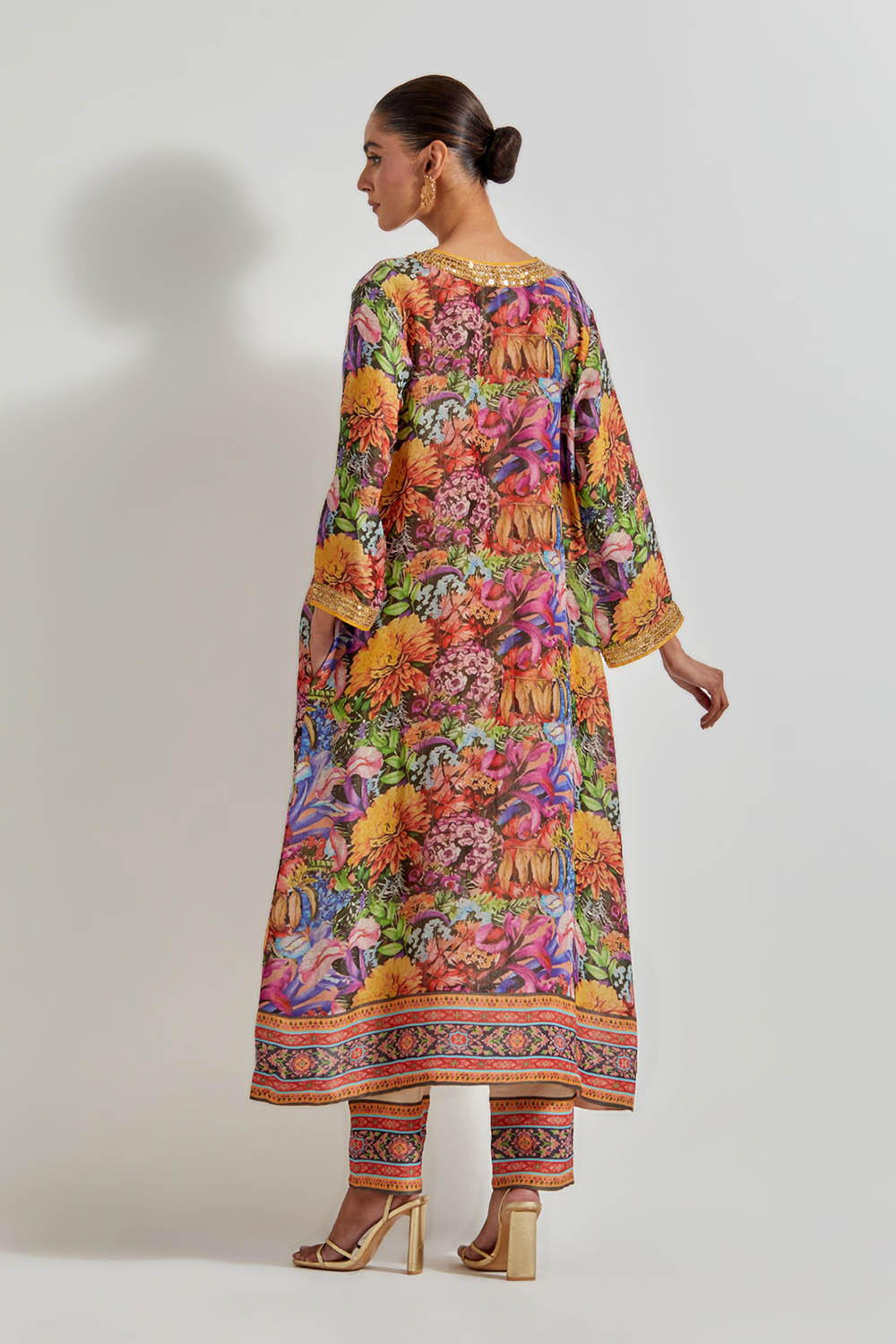 Multicolour Florika Printed Tissue Chanderi Kurta Set With Embellished Neckline Cuff