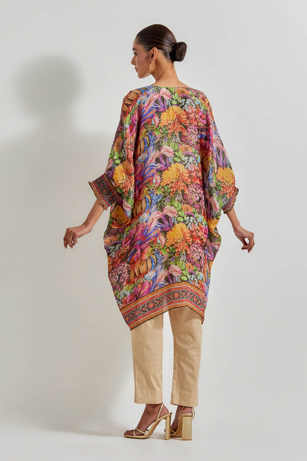 Multicolour Florika Tissue Chanderi Printed Kaftan Tunic With Hand Neckline Paired With Lycra Pants