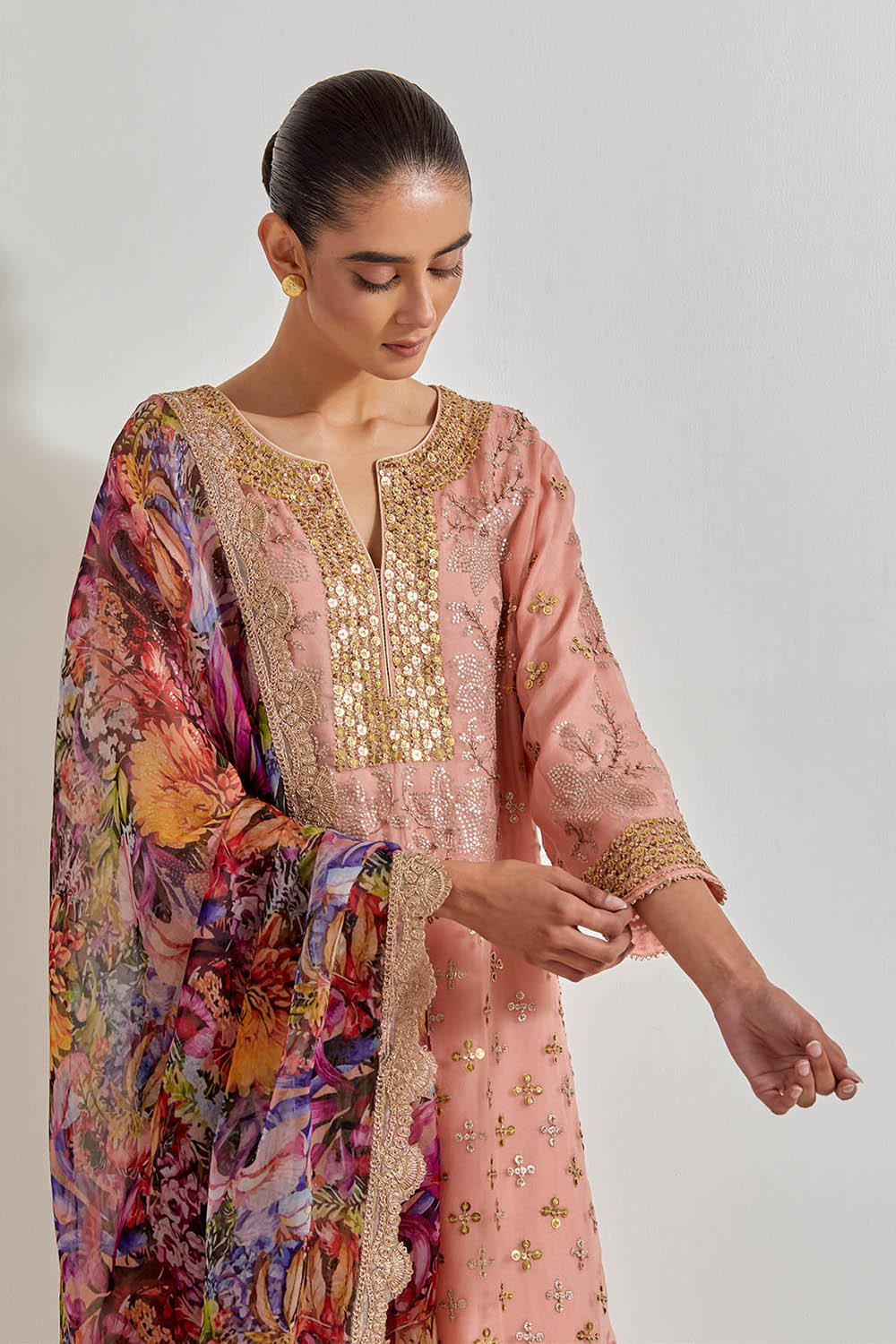 Multicolour Organza Hand Embellished Kurta Paired With Florika Printed Dupatta And Chanderi Pants