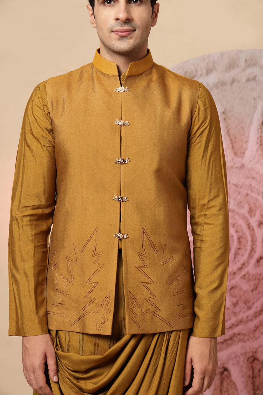 Mustard Brown Draped Cowl Kurta Set With Heavy Embroidered Jacket