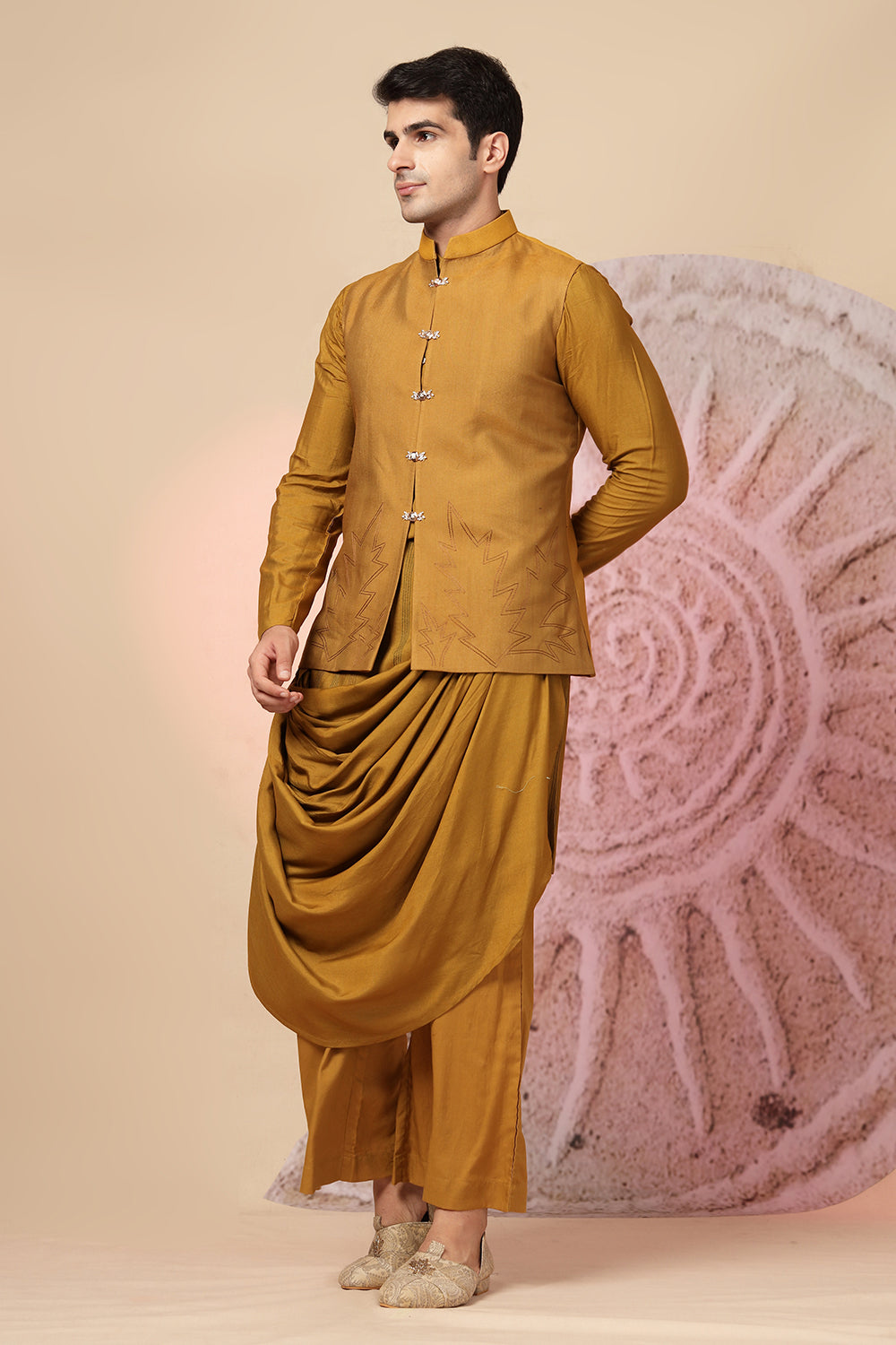 Mustard Brown Draped Cowl Kurta Set With Heavy Embroidered Jacket