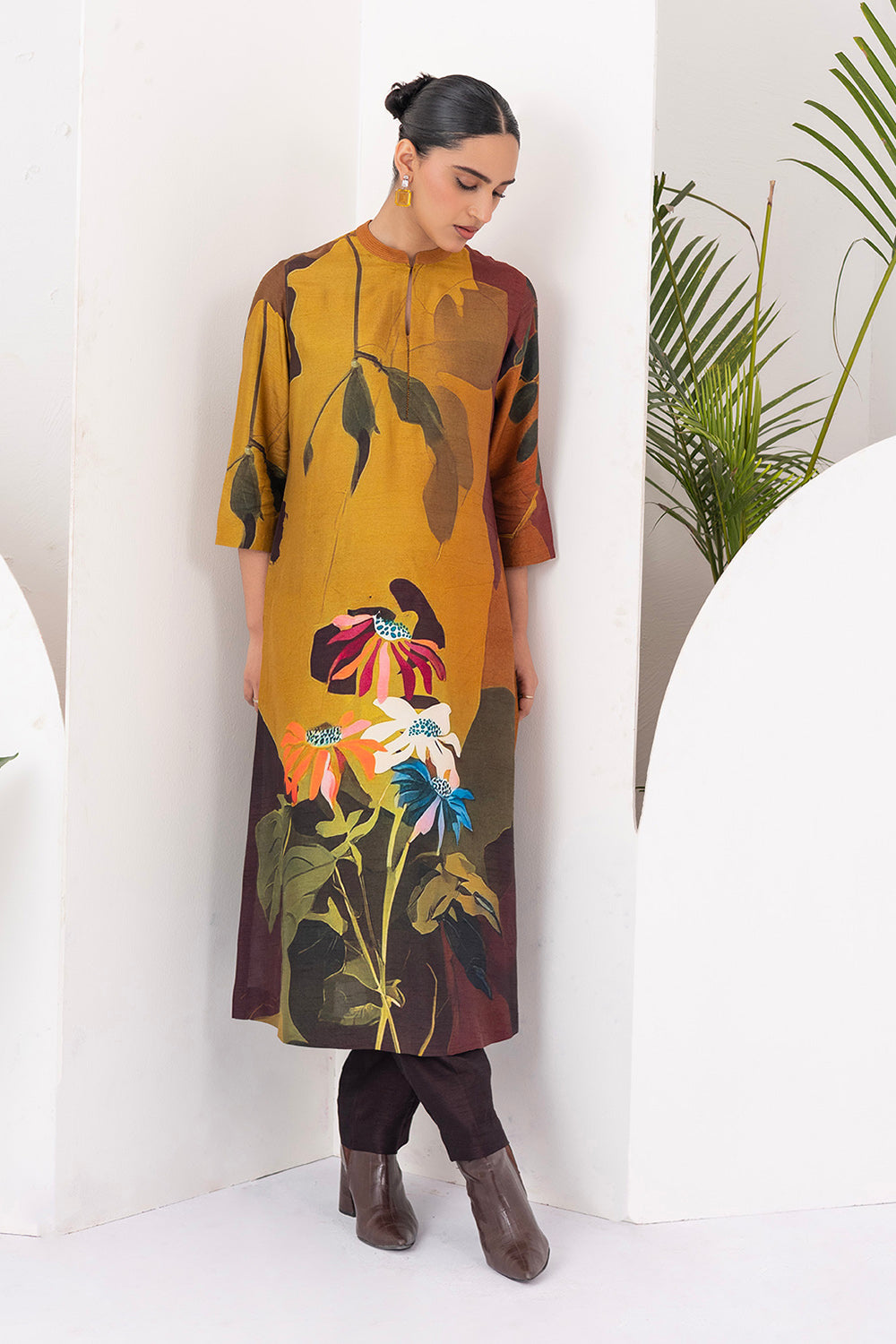 Mustard & Brown Viscose Dupion Printed Tunic