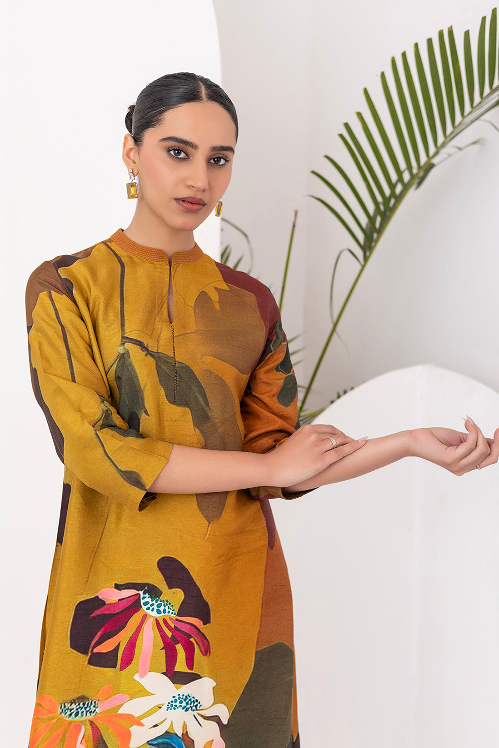 Mustard & Brown Viscose Dupion Printed Tunic