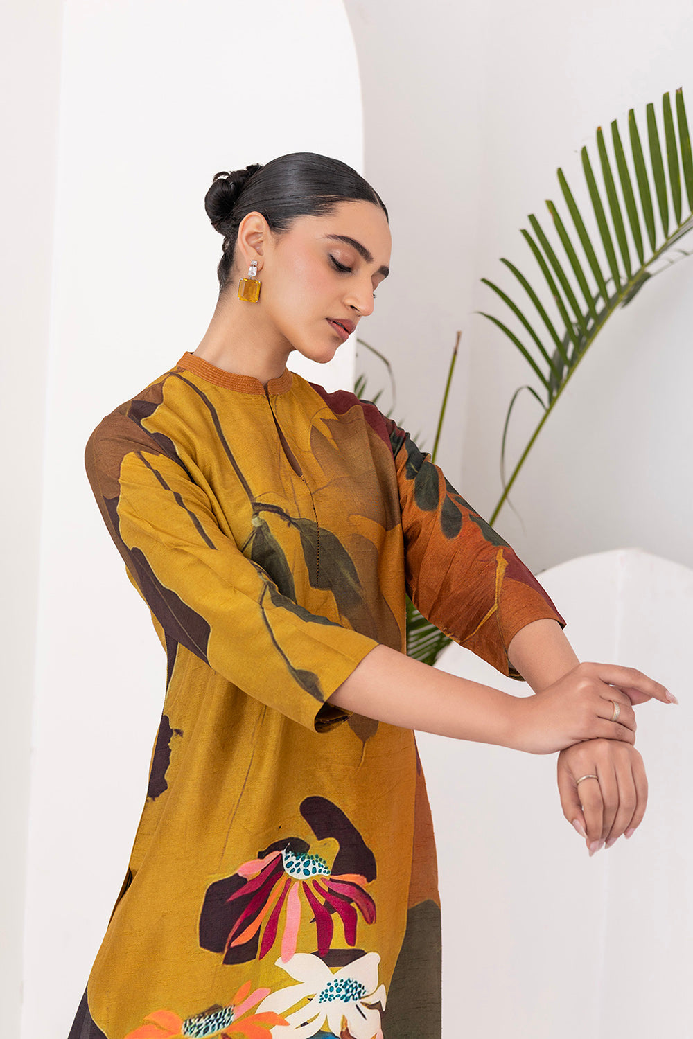Mustard & Brown Viscose Dupion Printed Tunic