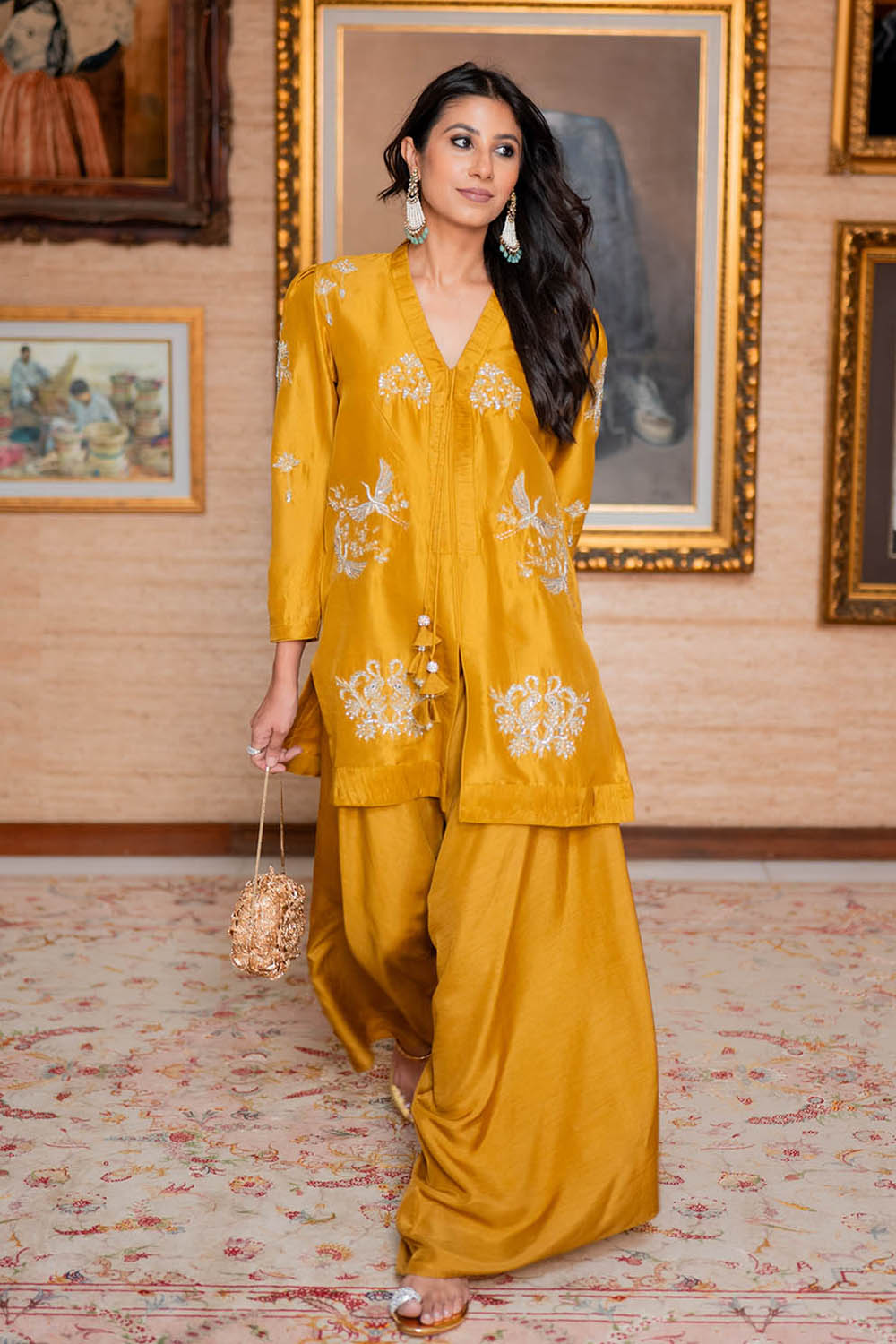 Mustard Embroidered Comfort Fit Kurta Set