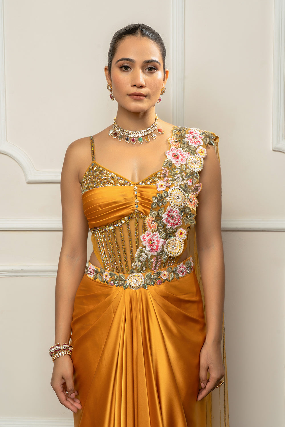 Mustard yellow drape saree set woth bodysuit