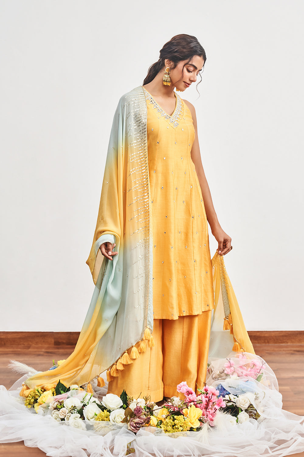Mustard Yellow Kalidaar with Mustard Yellow X Turquoise Shaded Dupatta
