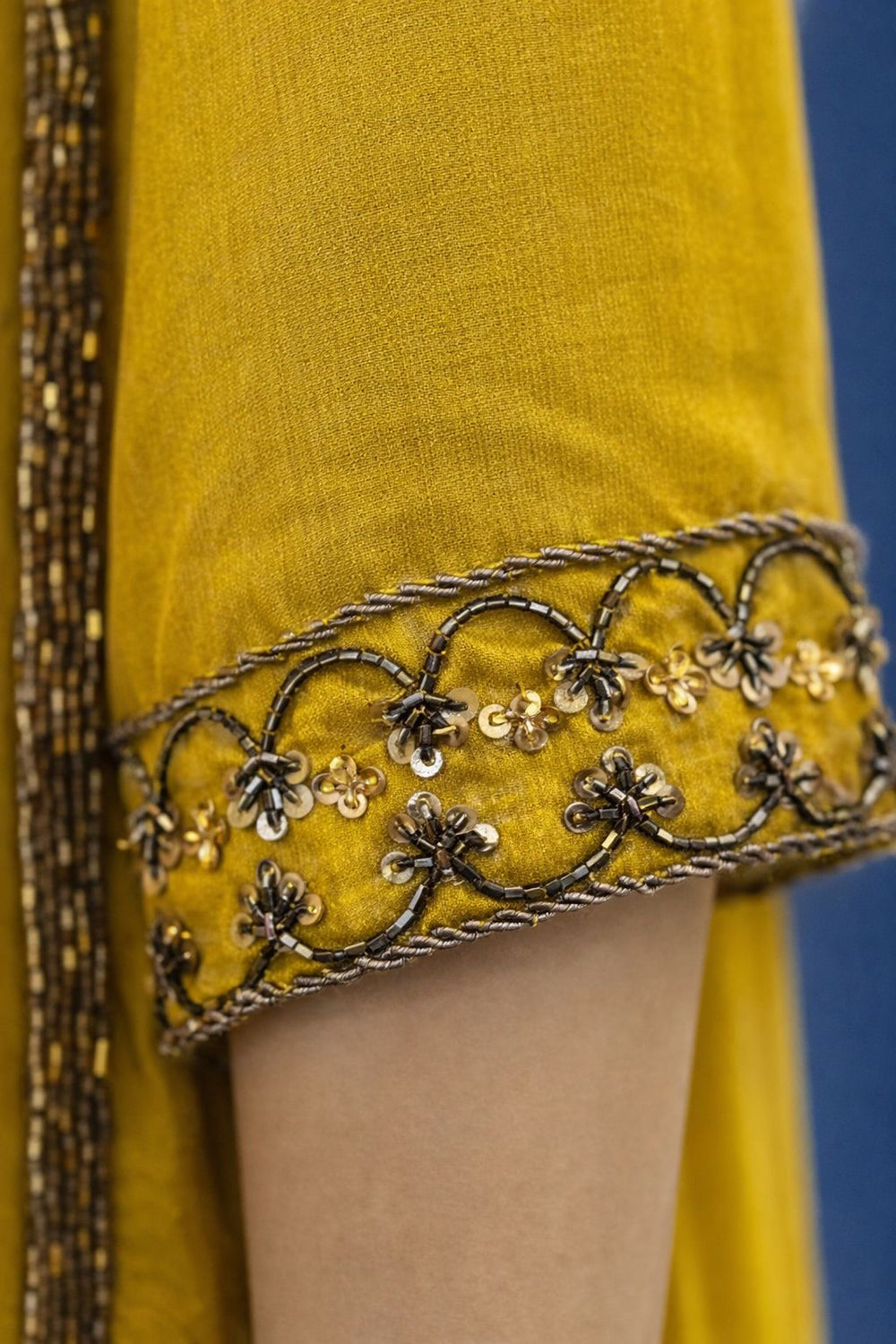 Mustard yellow kurta set with embroidery on neck,hem and sleeves