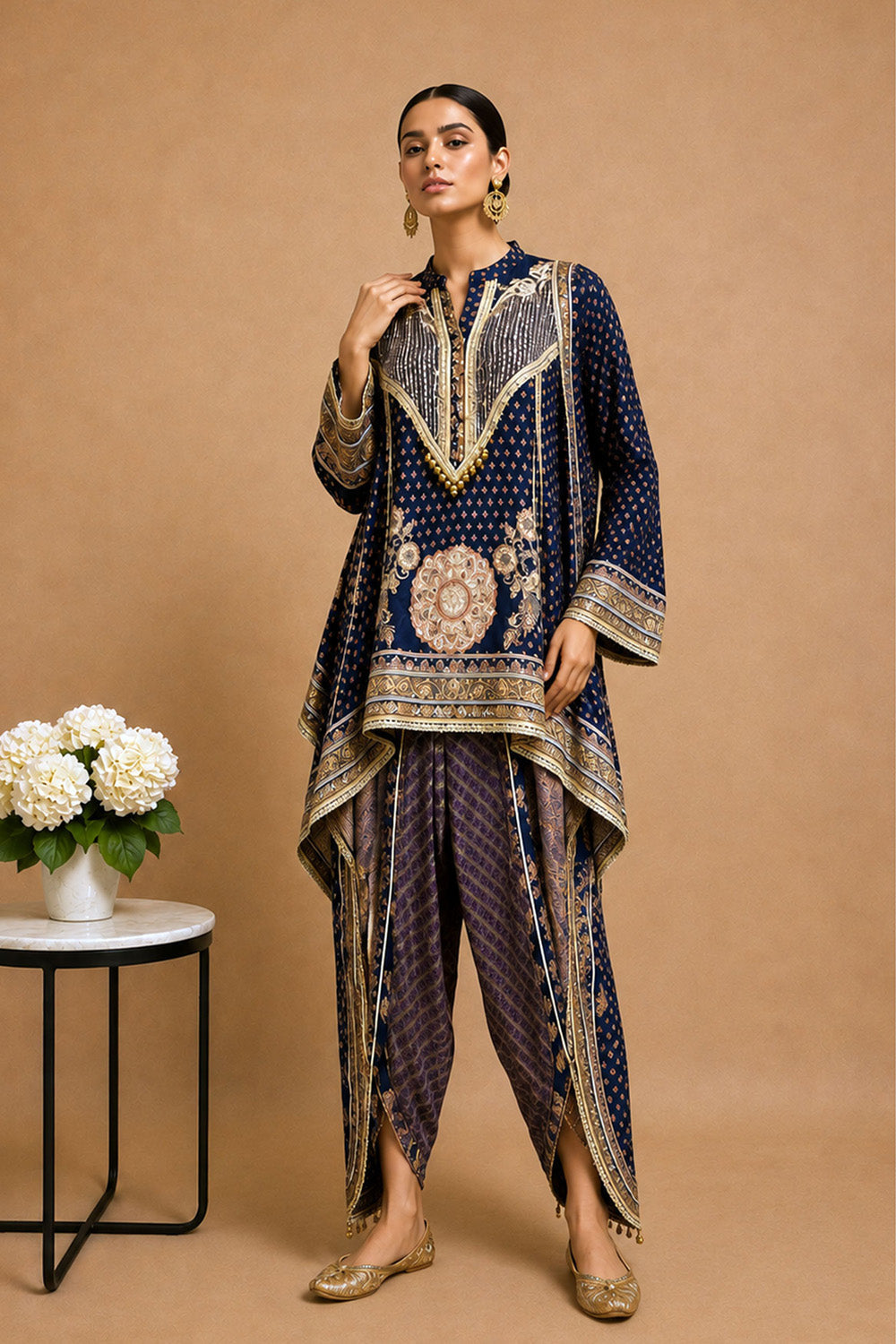 Navy Blue Crepe Draped Kurta With Printed Patiala Pants Detailing