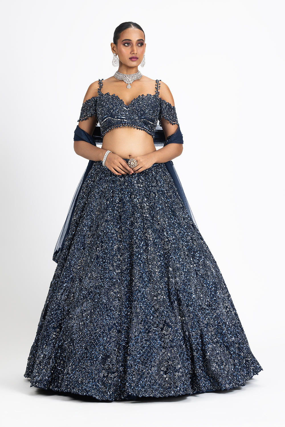 Navy Blue Flared Lehnga Choli Set With Net Dupatta