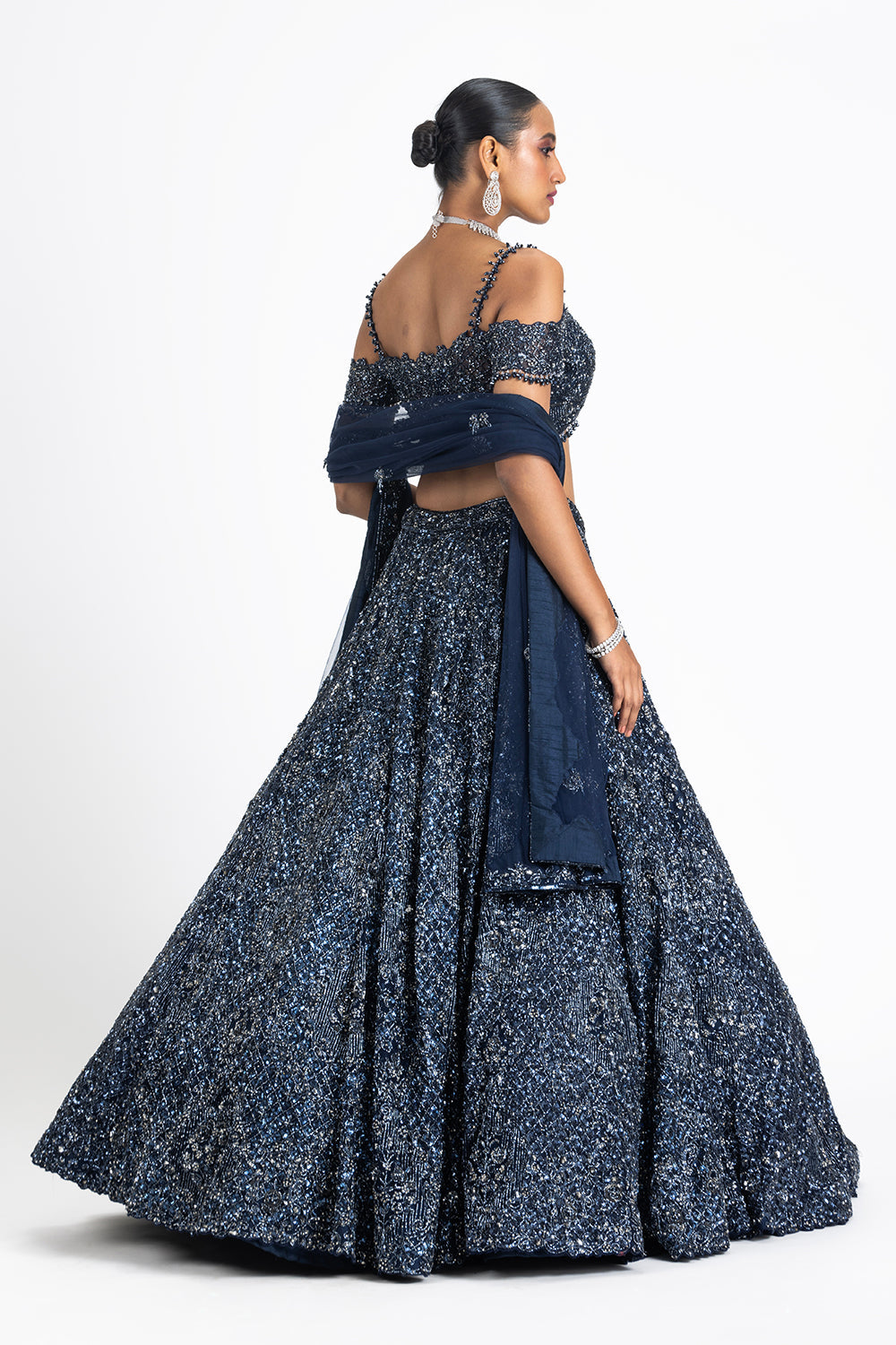 Navy Blue Flared Lehnga Choli Set With Net Dupatta