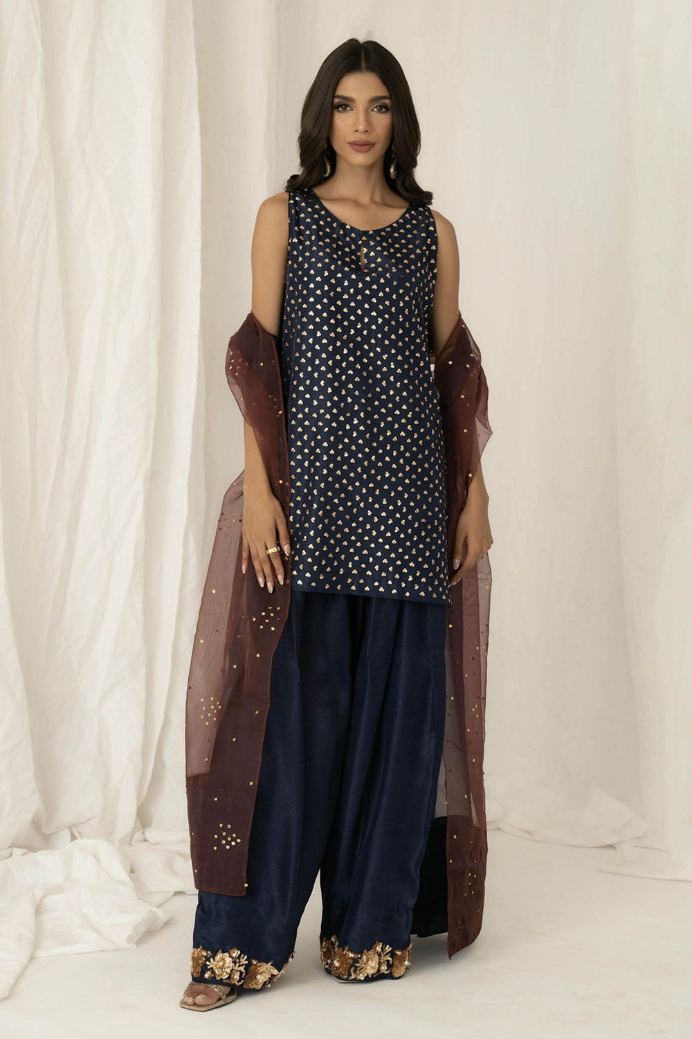 Navy Embellished Sleeveless Kurta Farshi Salwar Set with Dupatta