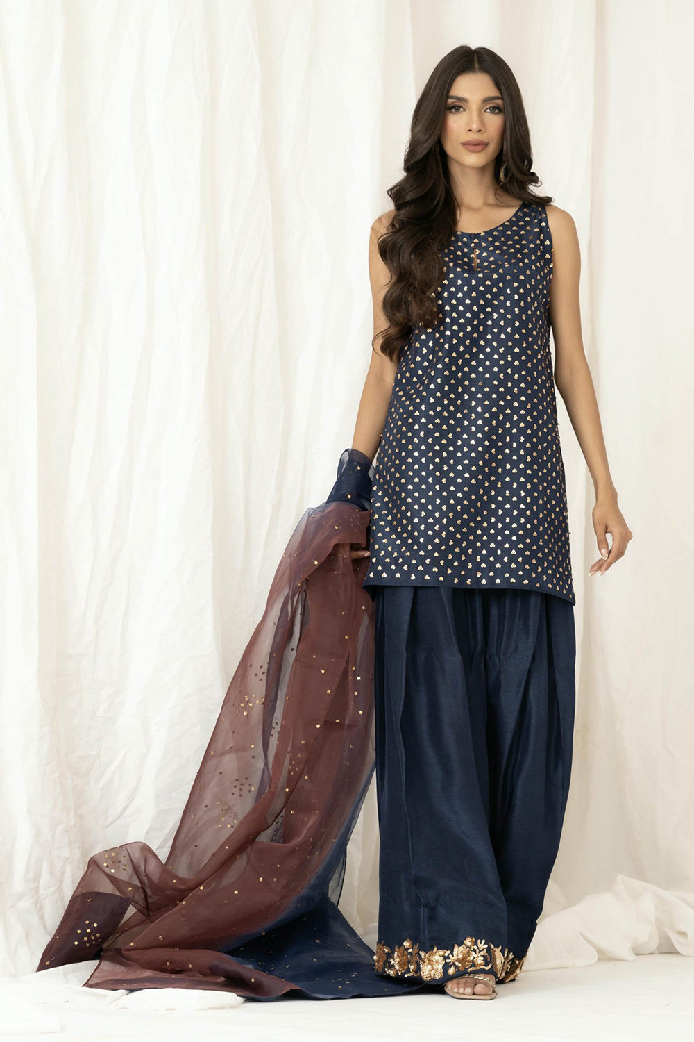 Navy Embellished Sleeveless Kurta Farshi Salwar Set with Dupatta