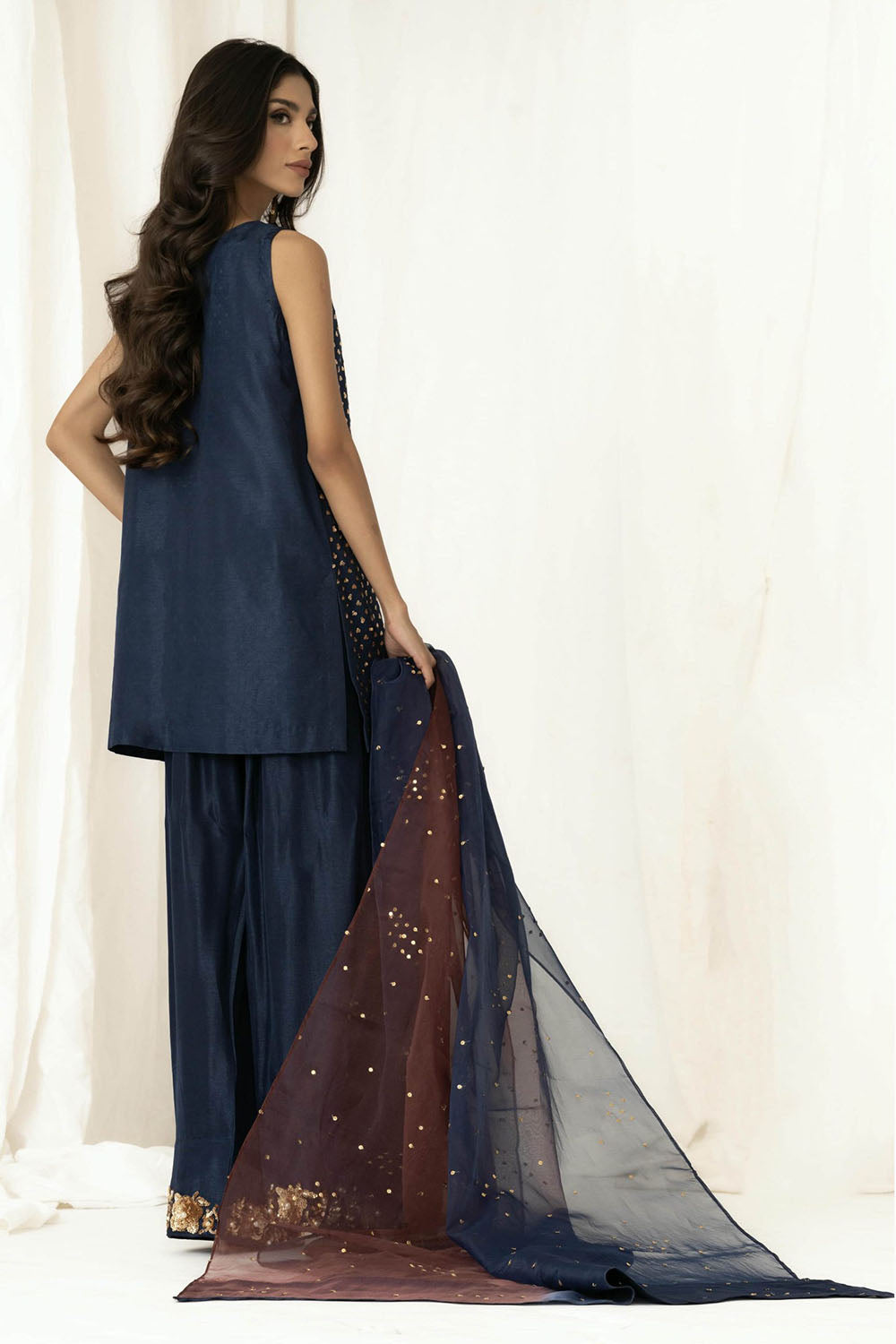Navy Embellished Sleeveless Kurta Farshi Salwar Set with Dupatta