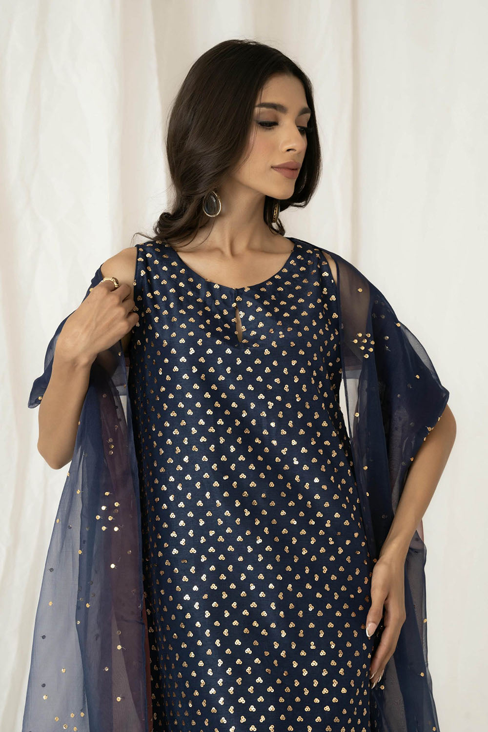 Navy Embellished Sleeveless Kurta Farshi Salwar Set with Dupatta