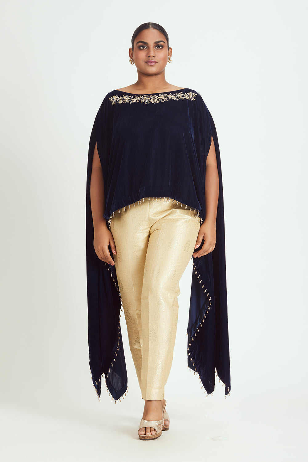Navy Velvet Poncho With Zardozi Embroidery With Bustier And Brocade Trouser