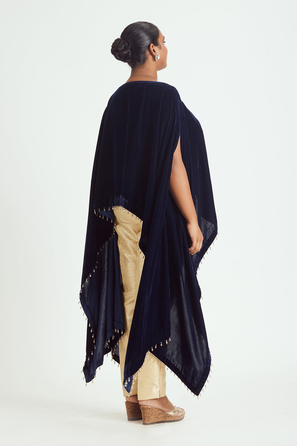 Navy Velvet Poncho With Zardozi Embroidery With Bustier And Brocade Trouser