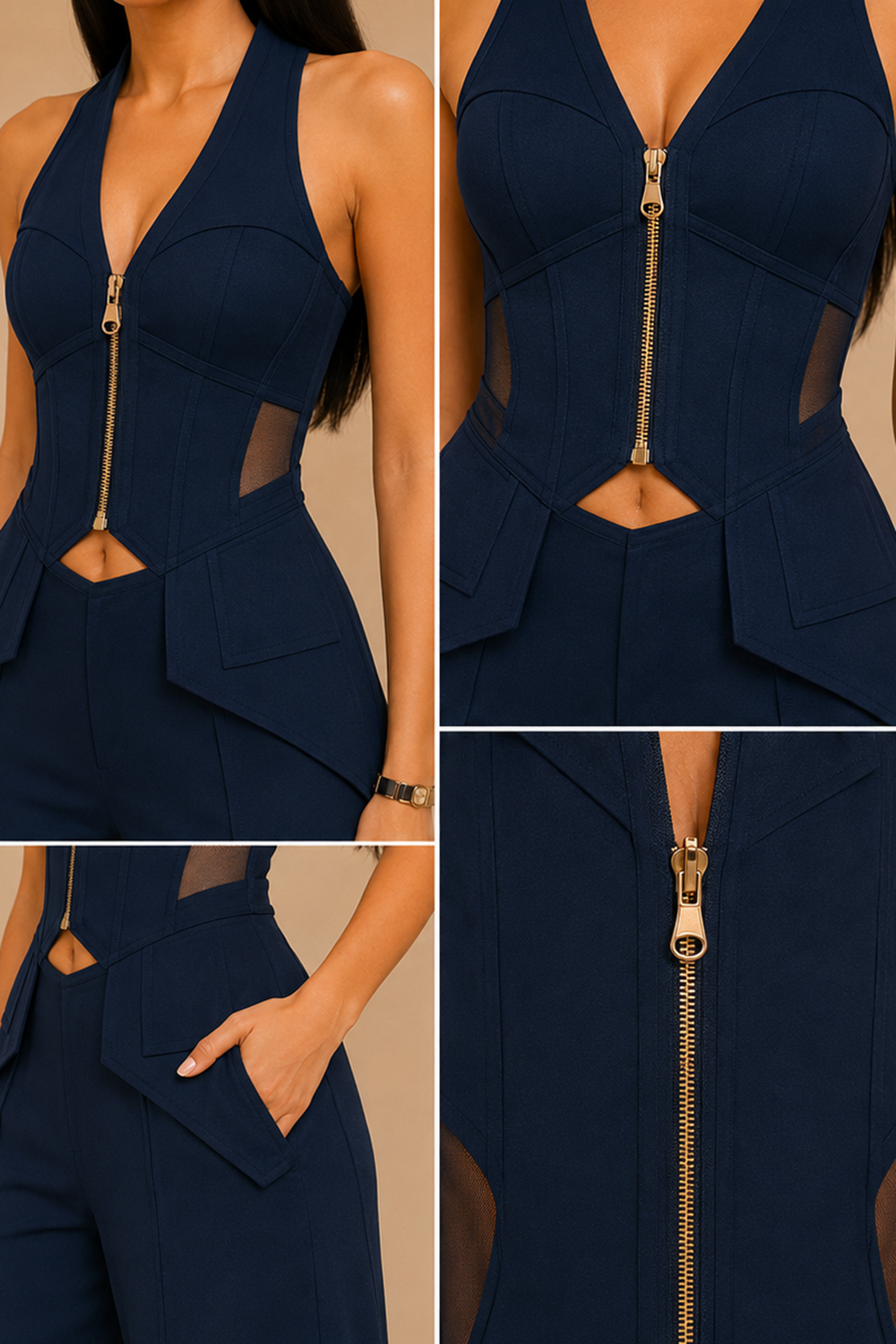 Navy Blue Zip Front Crop Top with Wide-Leg Mesh Panel Pants Co-Ord Set