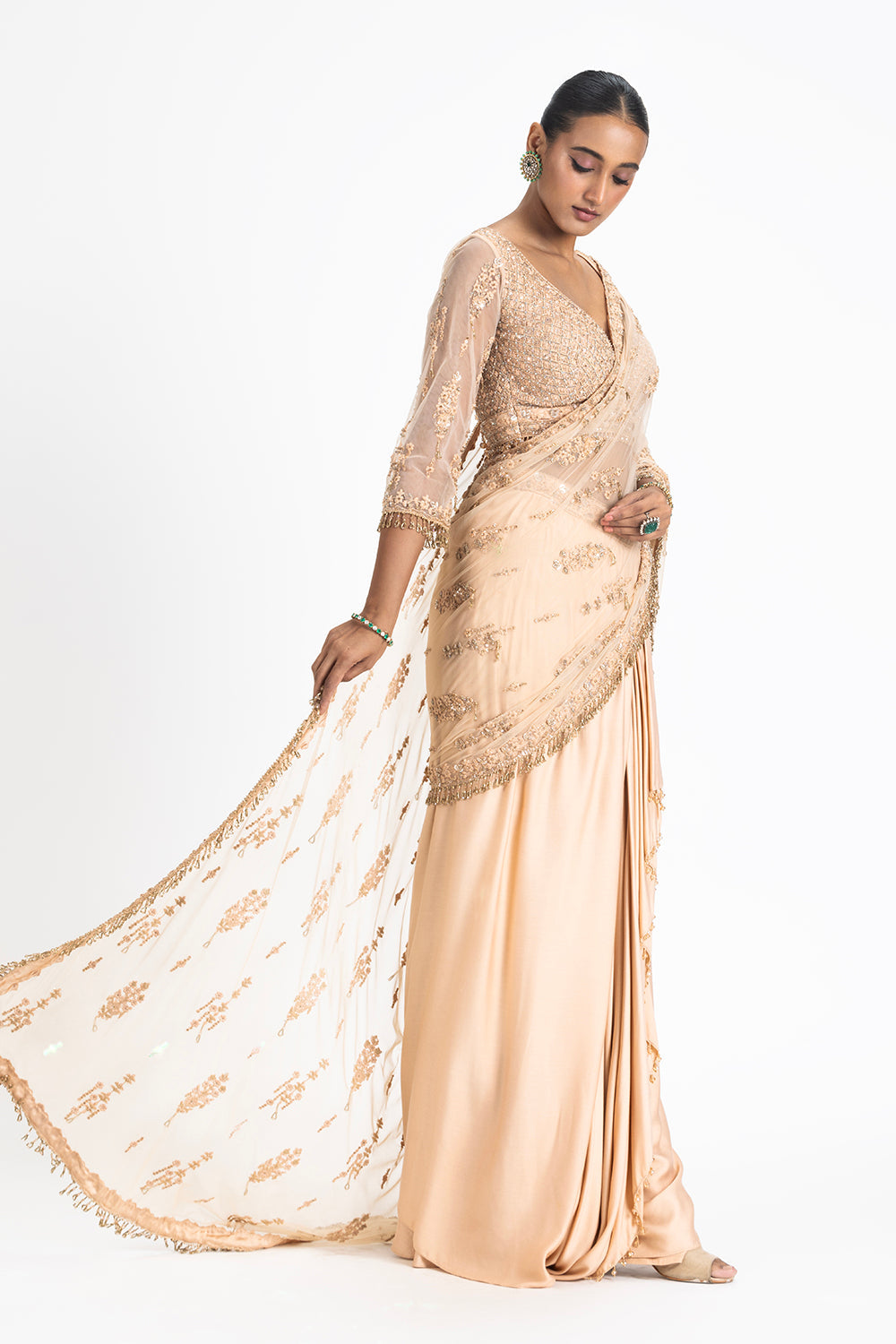 Nude Satin Draped Saree
