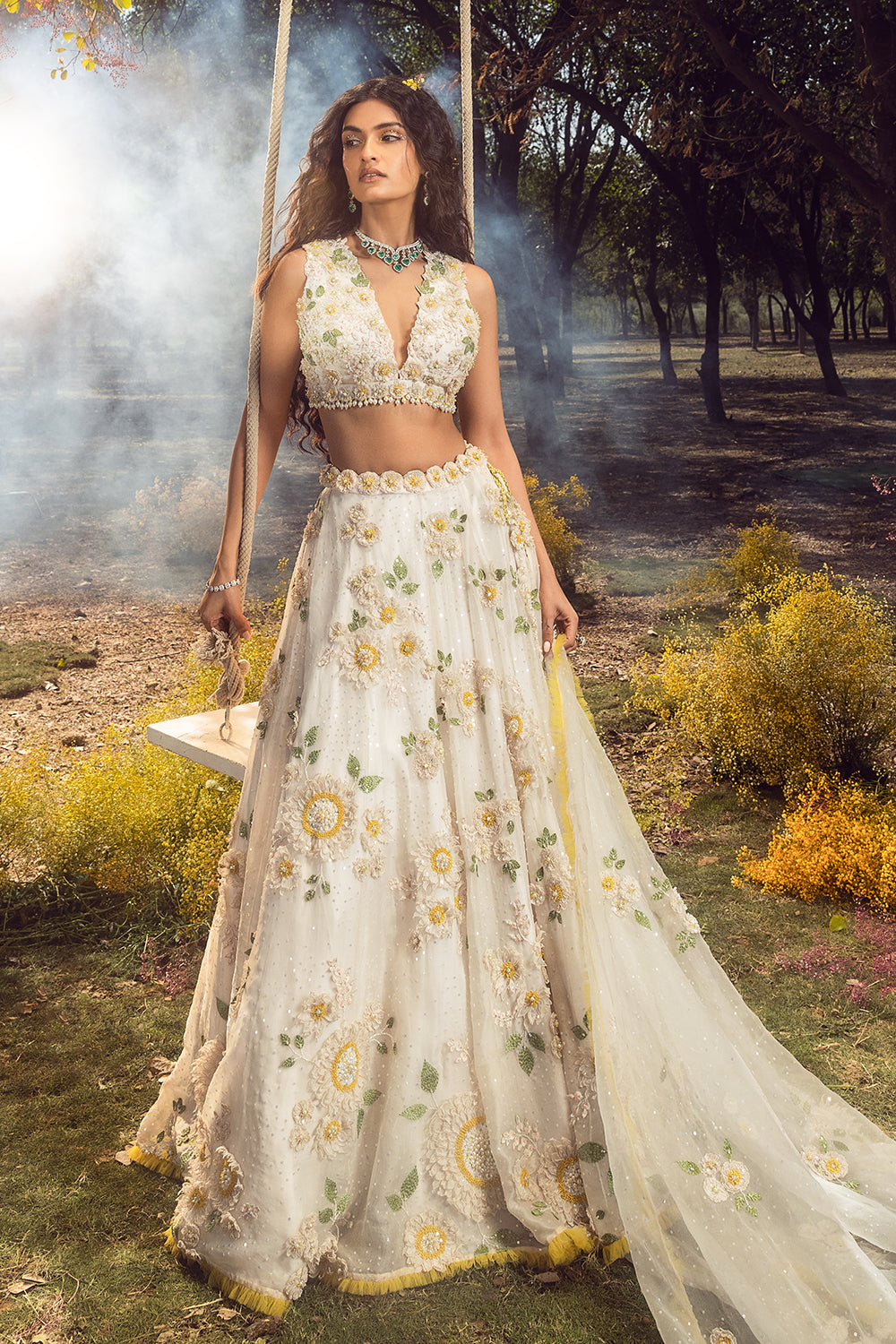 Off White 3D Lehenga Set