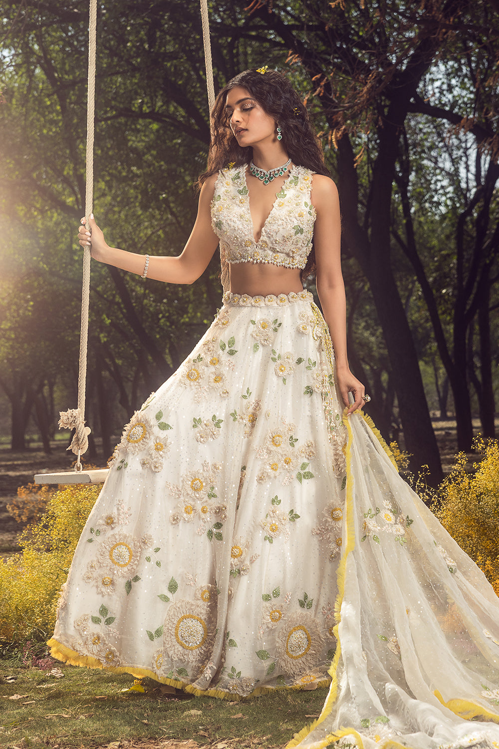 Off White 3D Lehenga Set