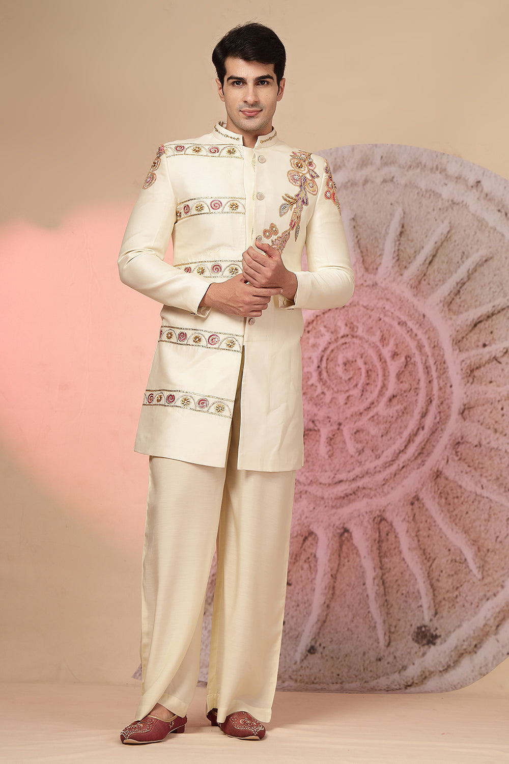 Off-White Embroidered Jacket With Palazzo Pant