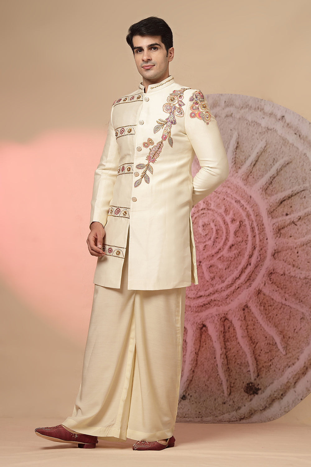 Off-White Embroidered Jacket With Palazzo Pant