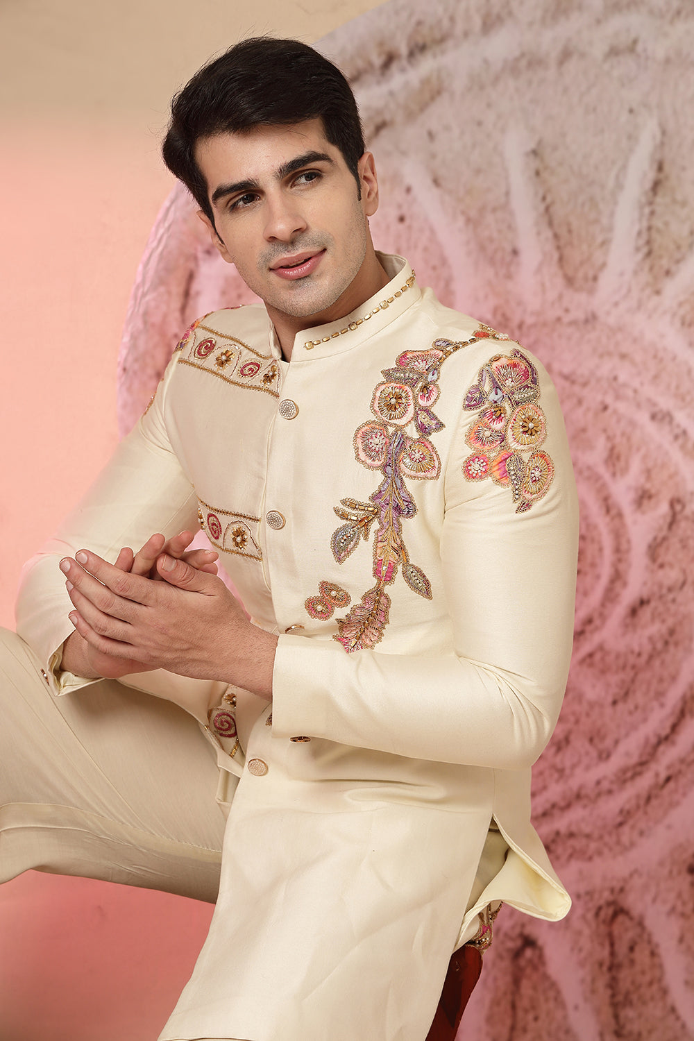 Off-White Embroidered Jacket With Palazzo Pant