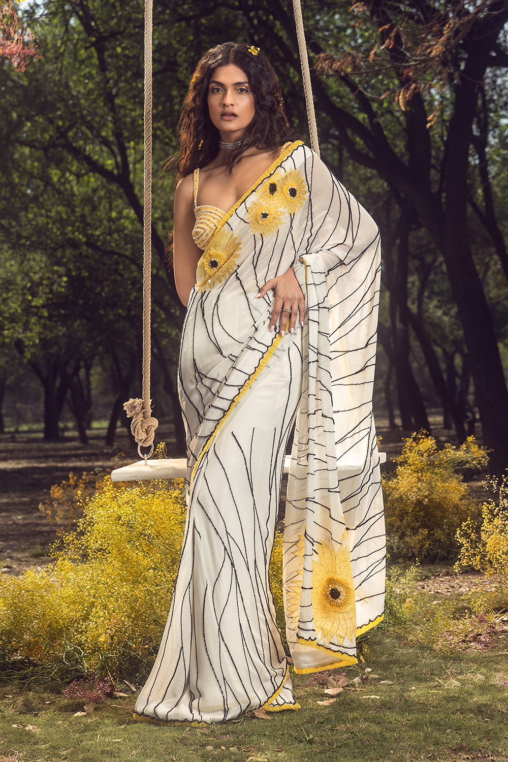 Off White Gorgette Sunflower Saree