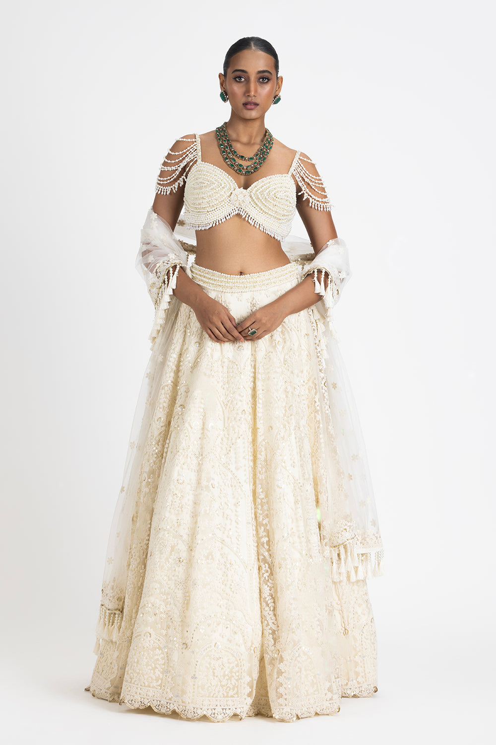 Off White Lehenga With A Pearl Embroidered Bustier And Duppata