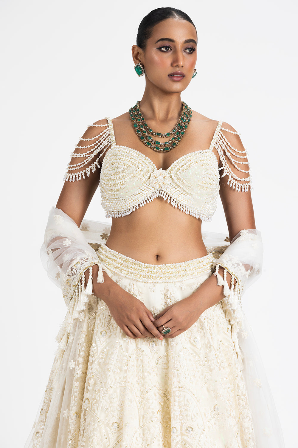 Off White Lehenga With A Pearl Embroidered Bustier And Duppata