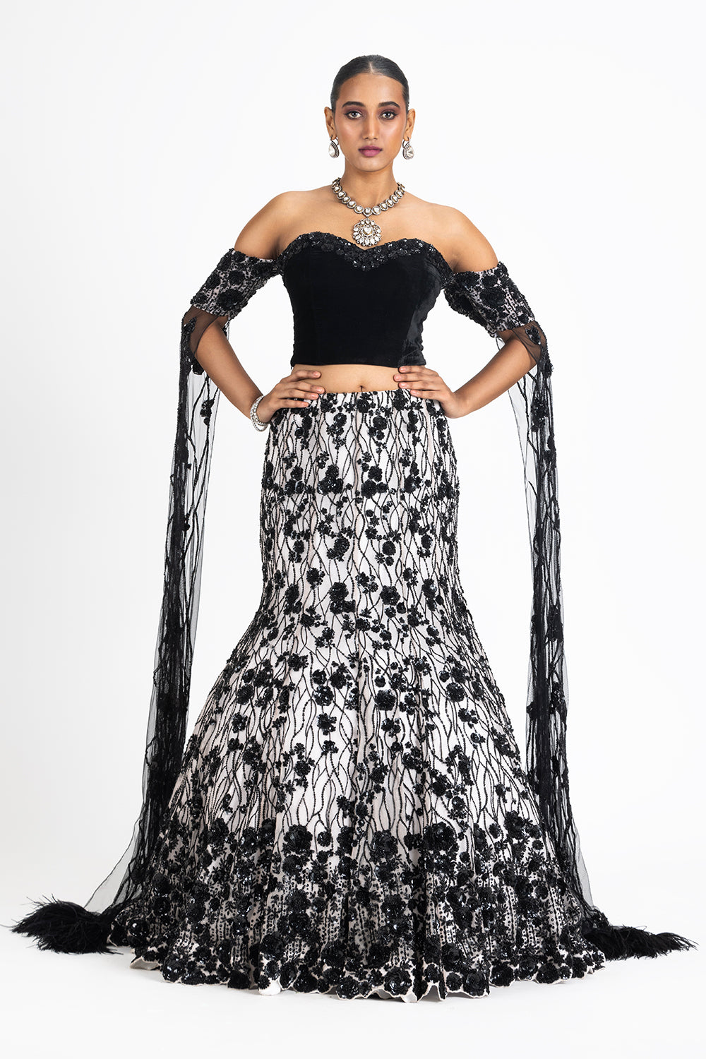 Off White Net Fishtailed Skirt Set