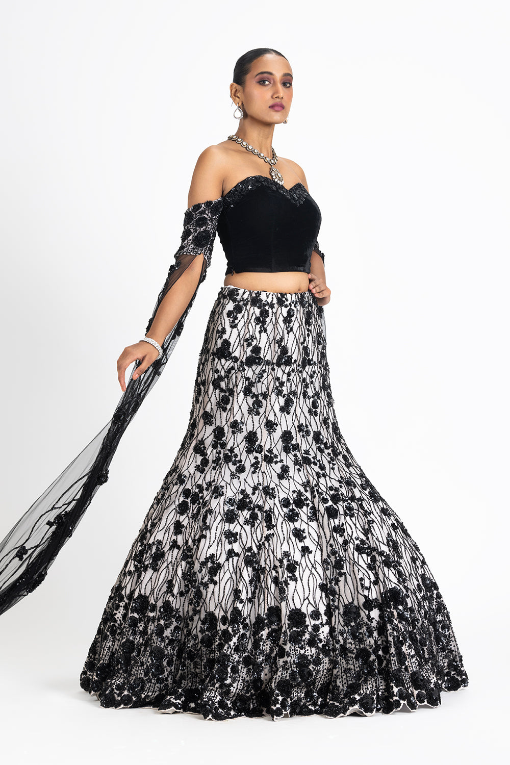 Off White Net Fishtailed Skirt Set