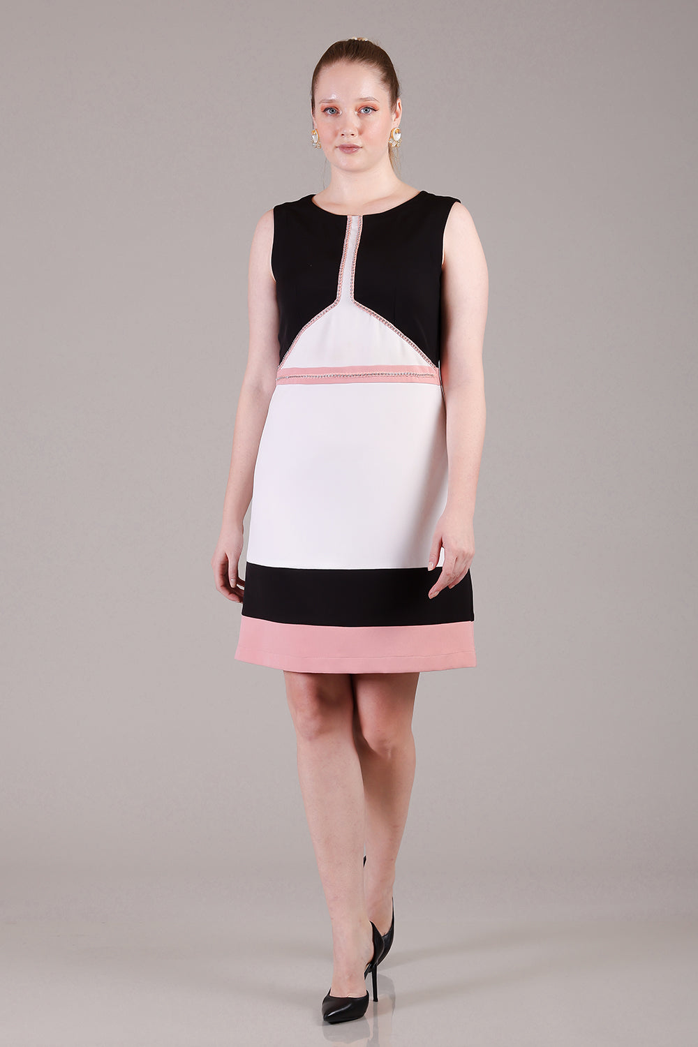 Off white pink and black dress with gold metal chain and crystals detailing
