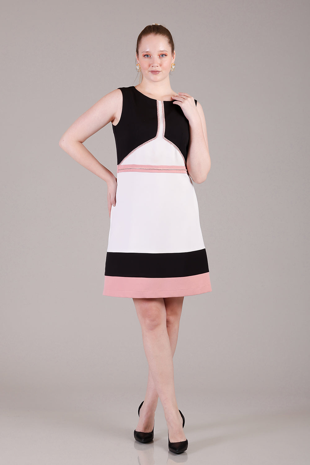 Off white pink and black dress with gold metal chain and crystals detailing