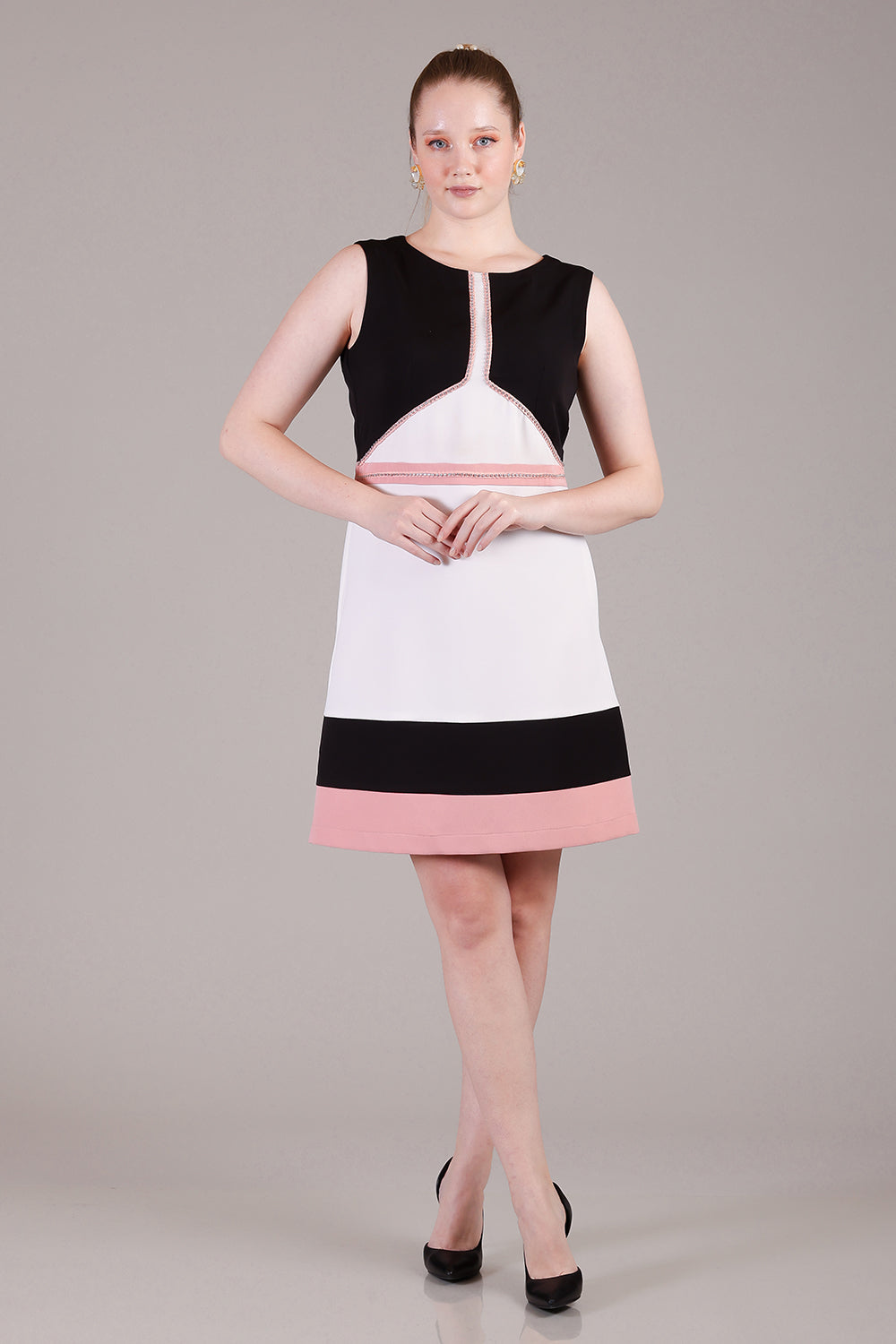 Off white pink and black dress with gold metal chain and crystals detailing