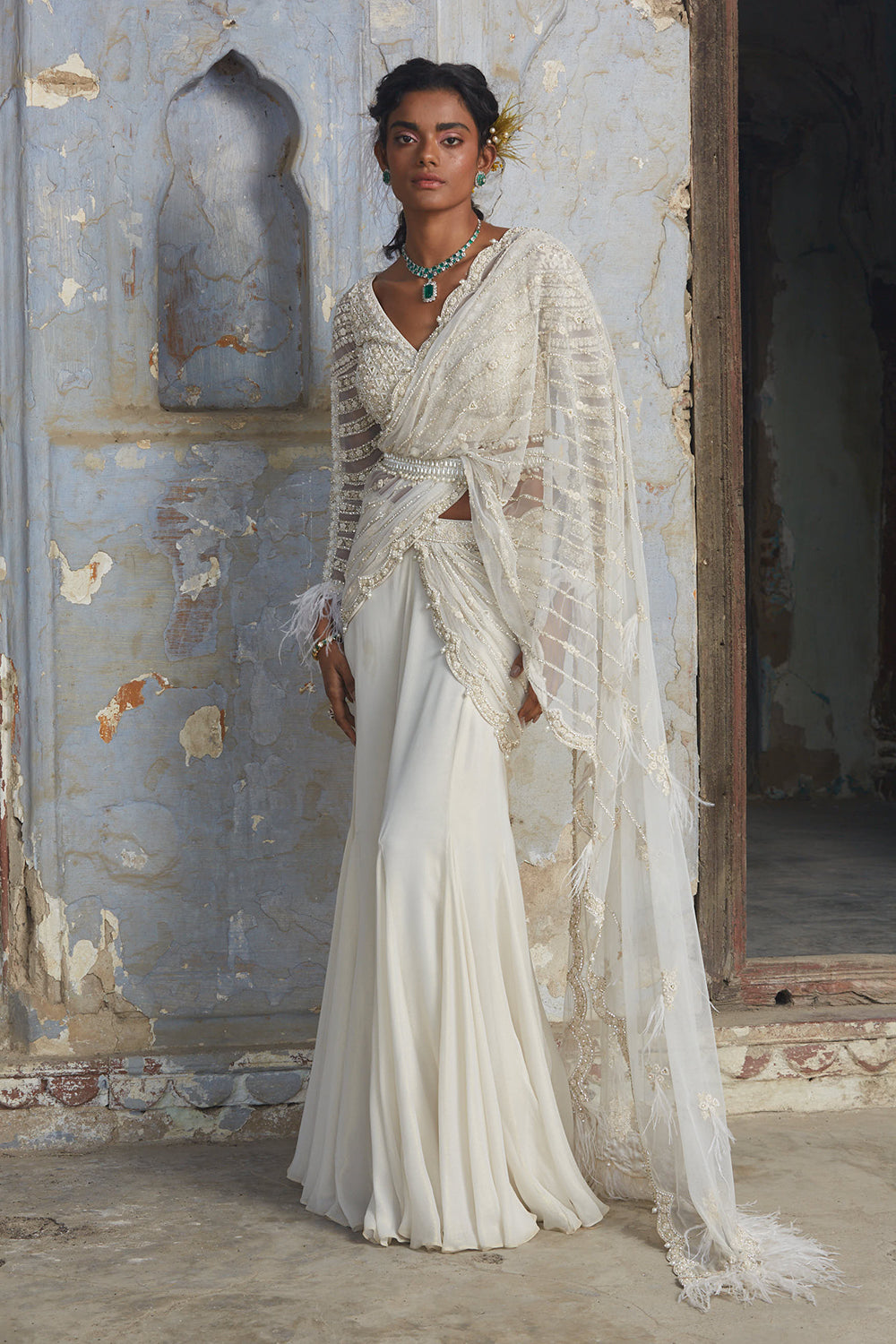 Off White Shimmer Drape Saree With Belt