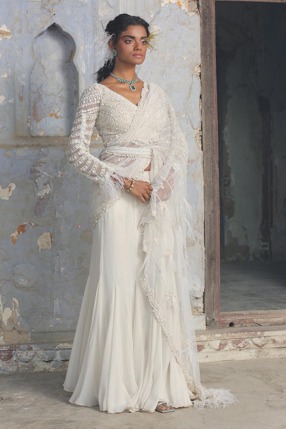 Off White Shimmer Drape Saree With Belt