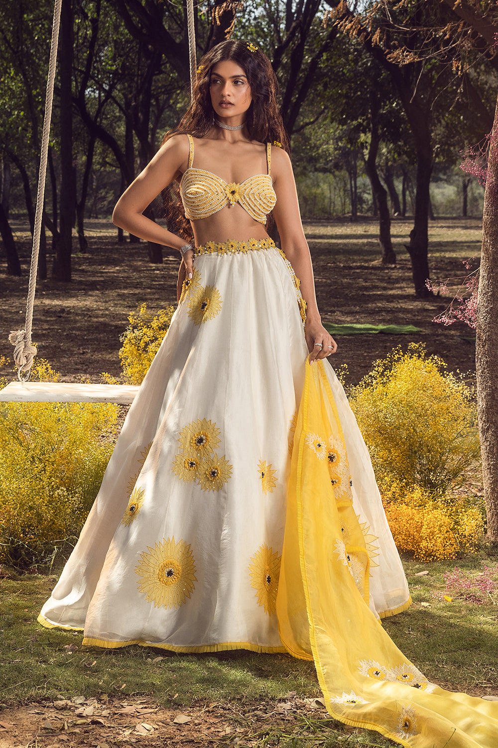 Off White Sunflower Lehenga Set With Belt