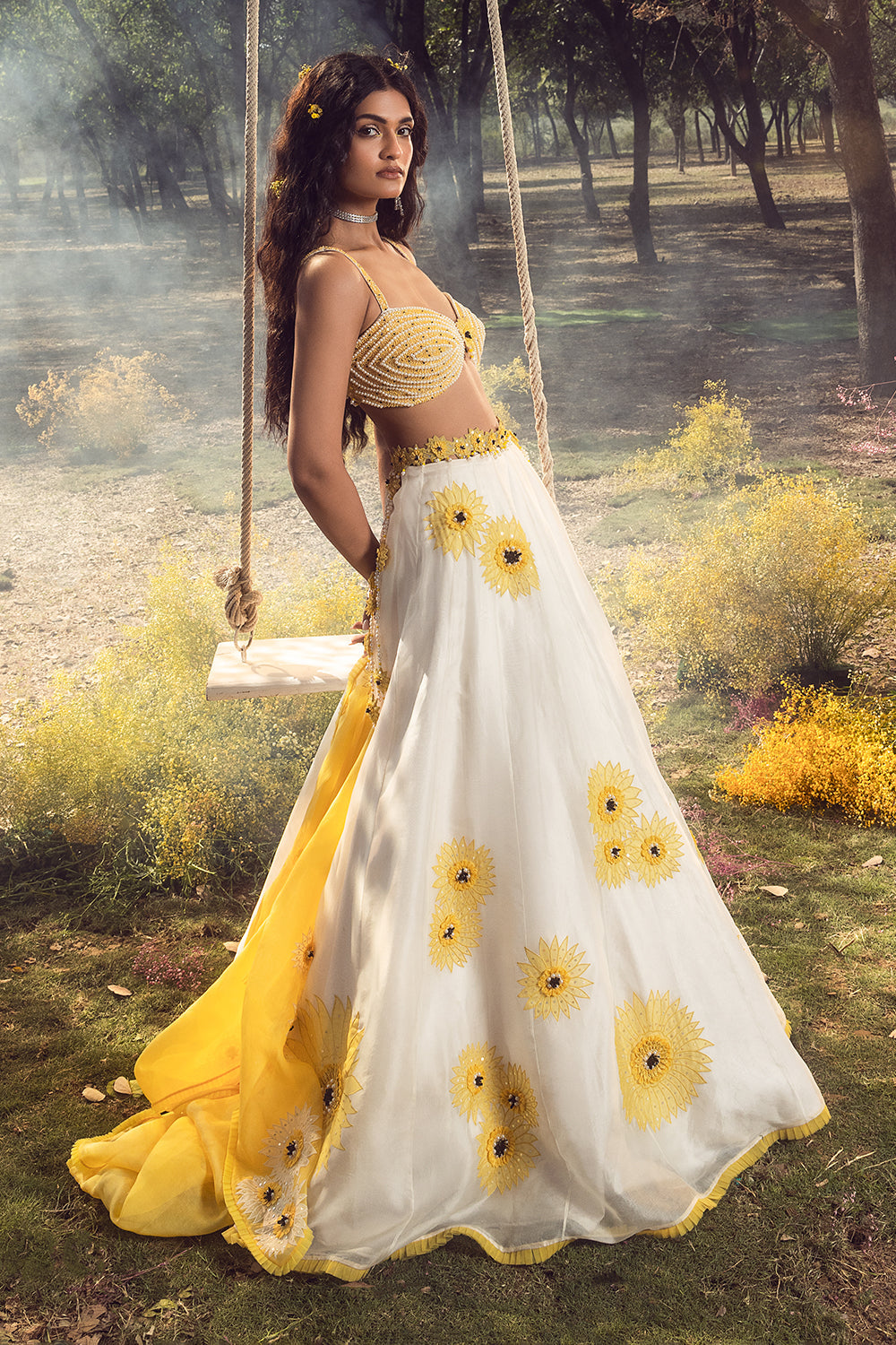 Off White Sunflower Lehenga Set With Belt
