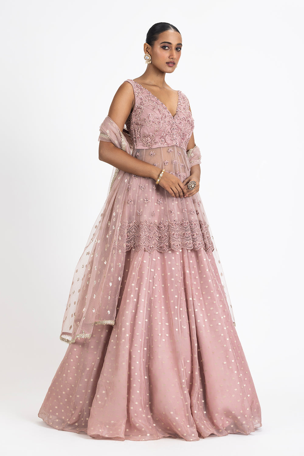 Old Rose Lehenga With Peplum And Dupatta