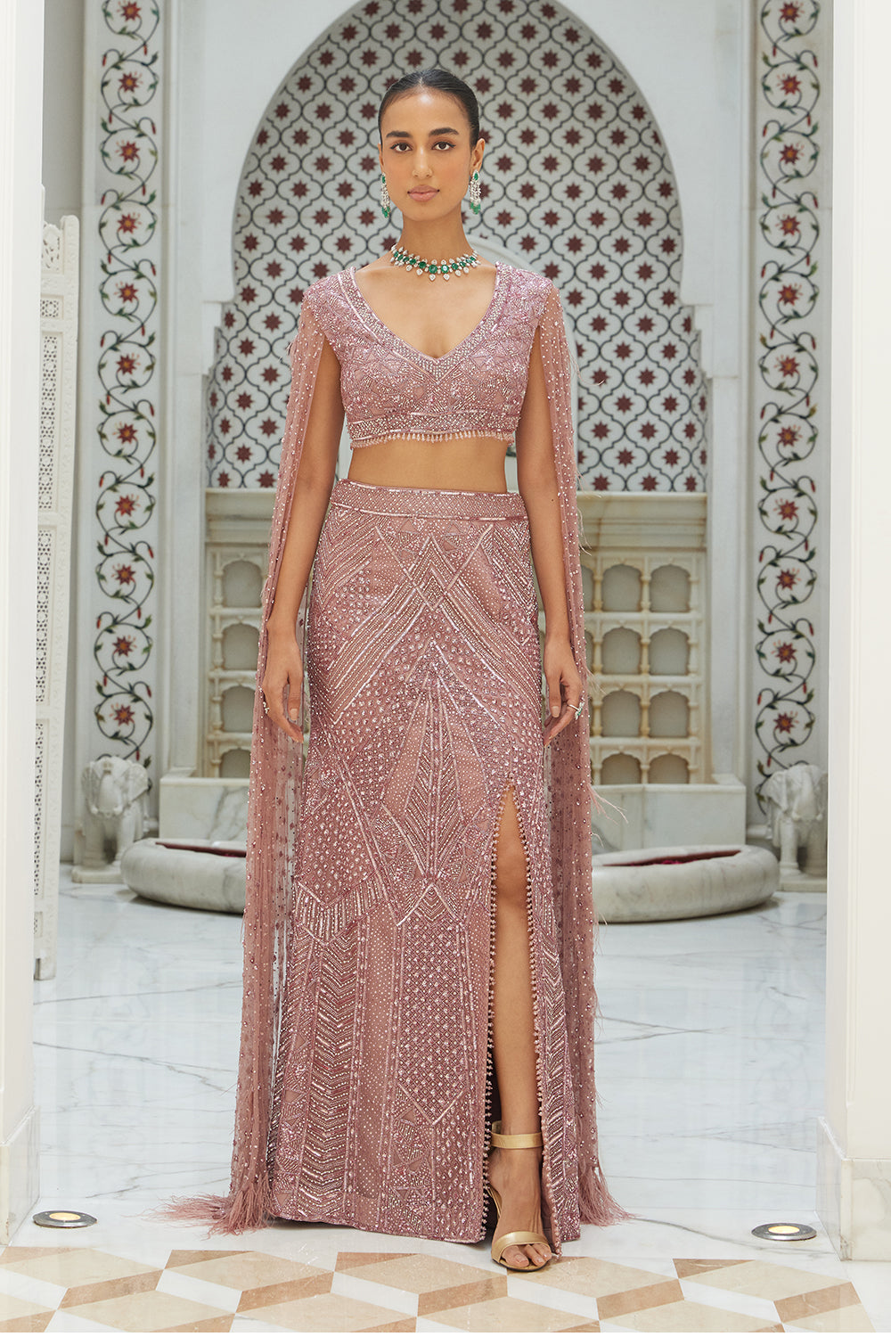 Old Rose Raw Silk Fistailed Skirt With A Front Slit With A Blouse