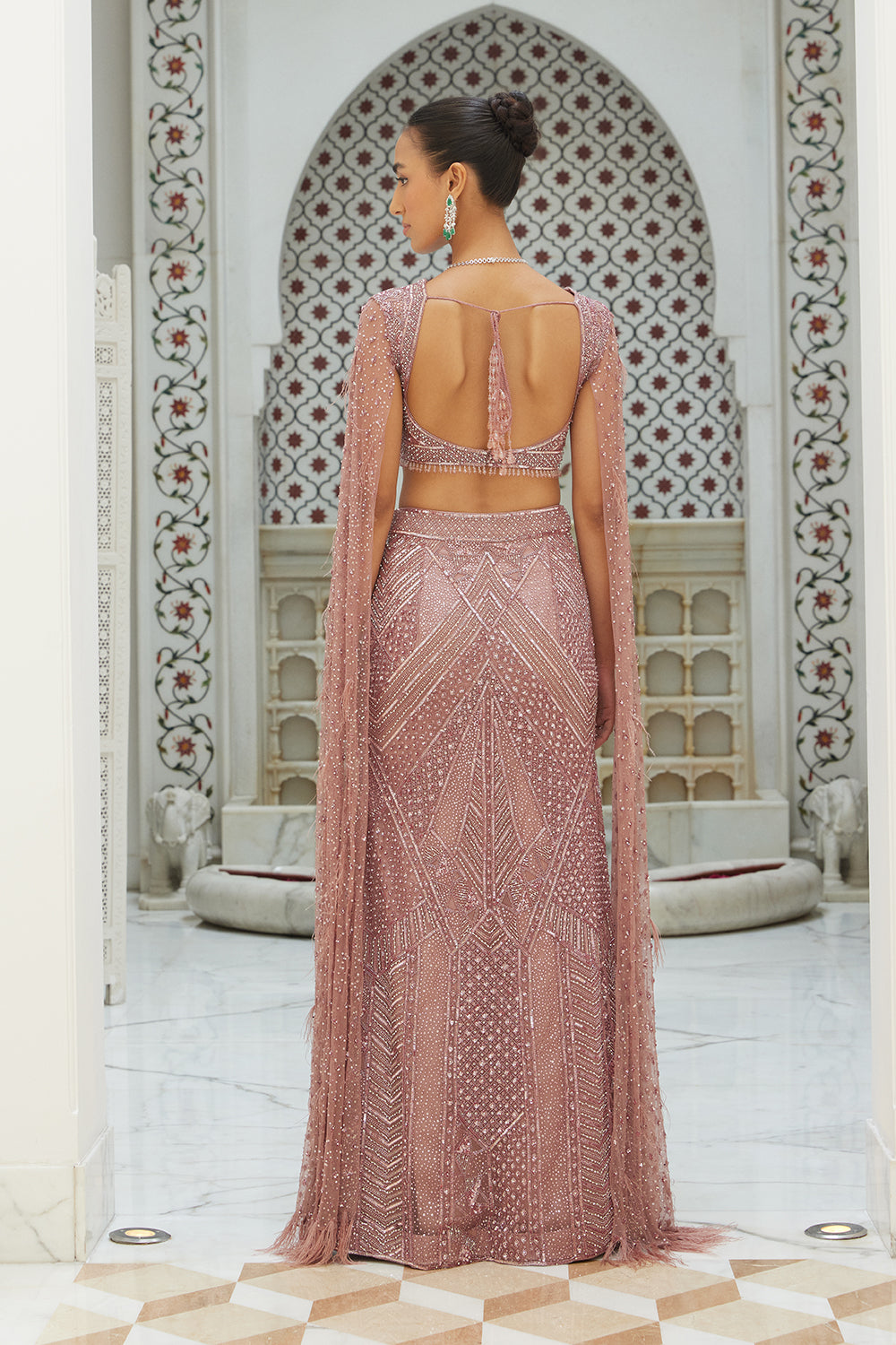 Old Rose Raw Silk Fistailed Skirt With A Front Slit With A Blouse