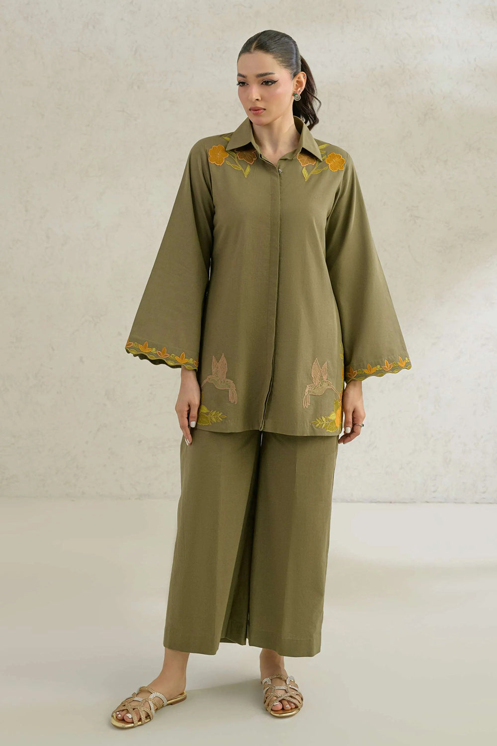 Olive Embroidered Comfort Fit Co-Ord Set